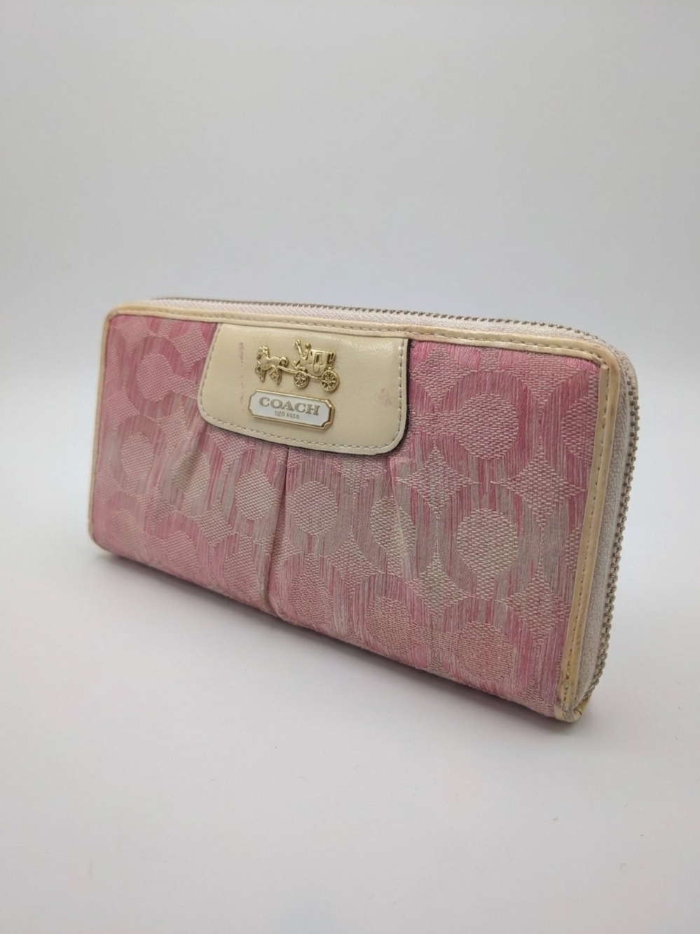 COACH Pink Signature Jacquard Zip Wallet with Cream Trim